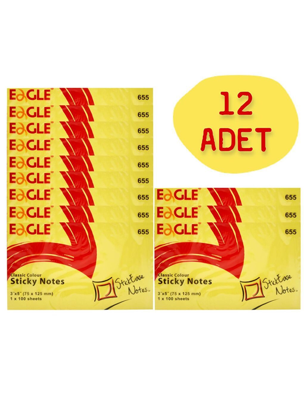 Eagle Sarı 75x125 mm Klasik Renk Yapışkanlı Not Kağıdı 100 Yaprak Sarı (655) 12 Adet