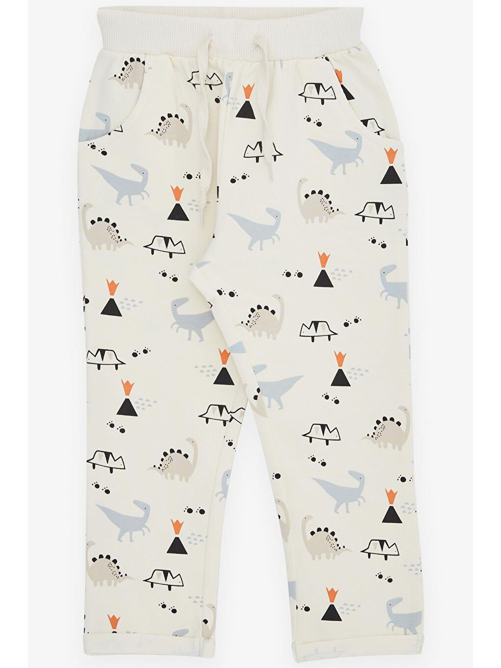 Ekru Erkek Bebek Eşofman Altı Dinozor Baskılı Cepli Bağcık Aksesuarlı Krem (1-1.5 Yaş)