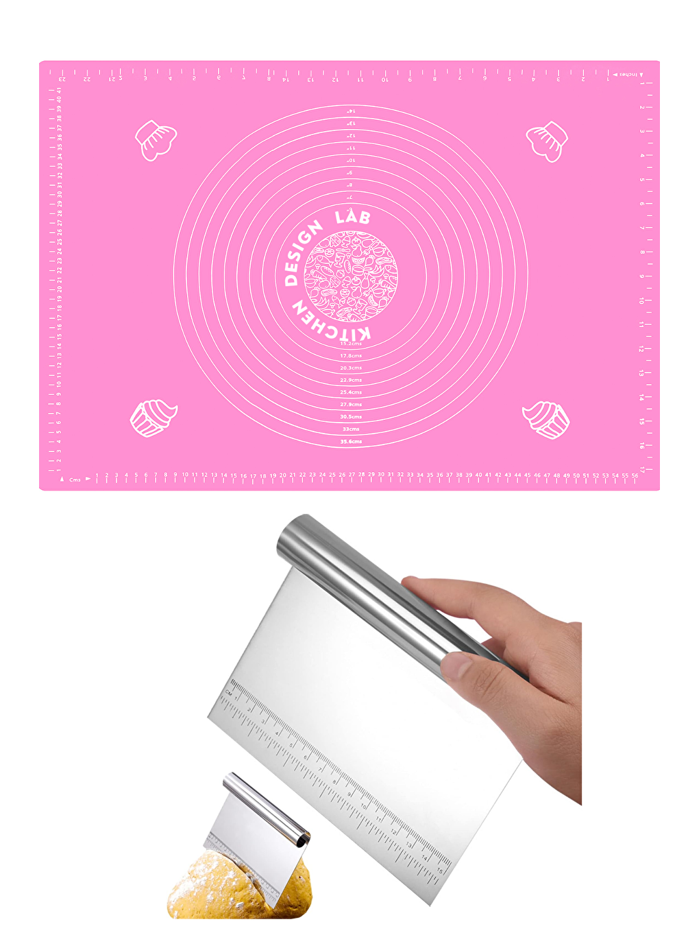 Pembe Silikon Ölçülü Çok Amaçlı Hamur Açma Matı 45 cm x 65 cm ve Ölçülü Çelik Hamur Kesme Spatulası