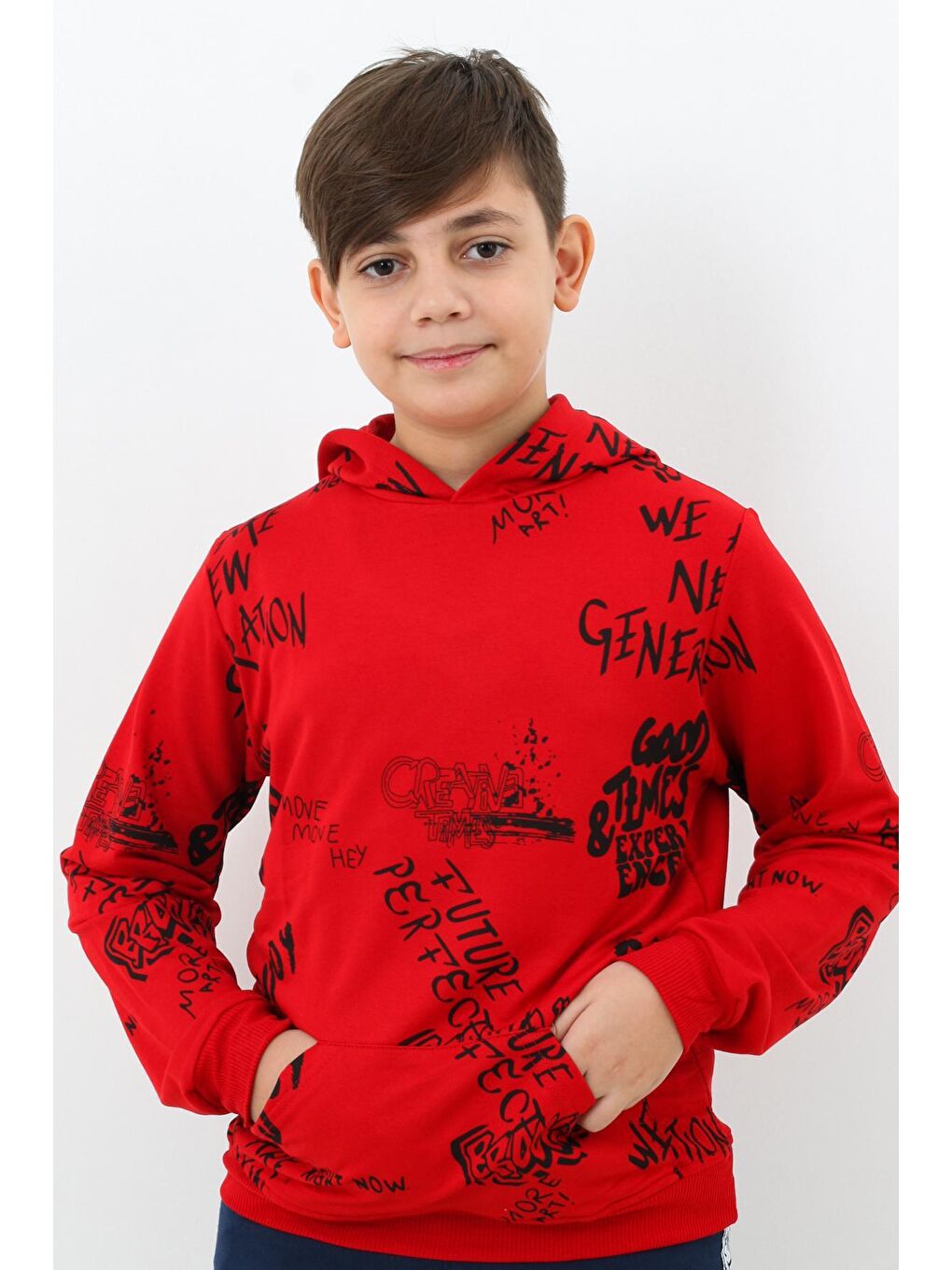 Kırmızı Erkek Çocuk Yazı Baskılı Kapüşonlu Sweatshirt 4-14Yaş 14020