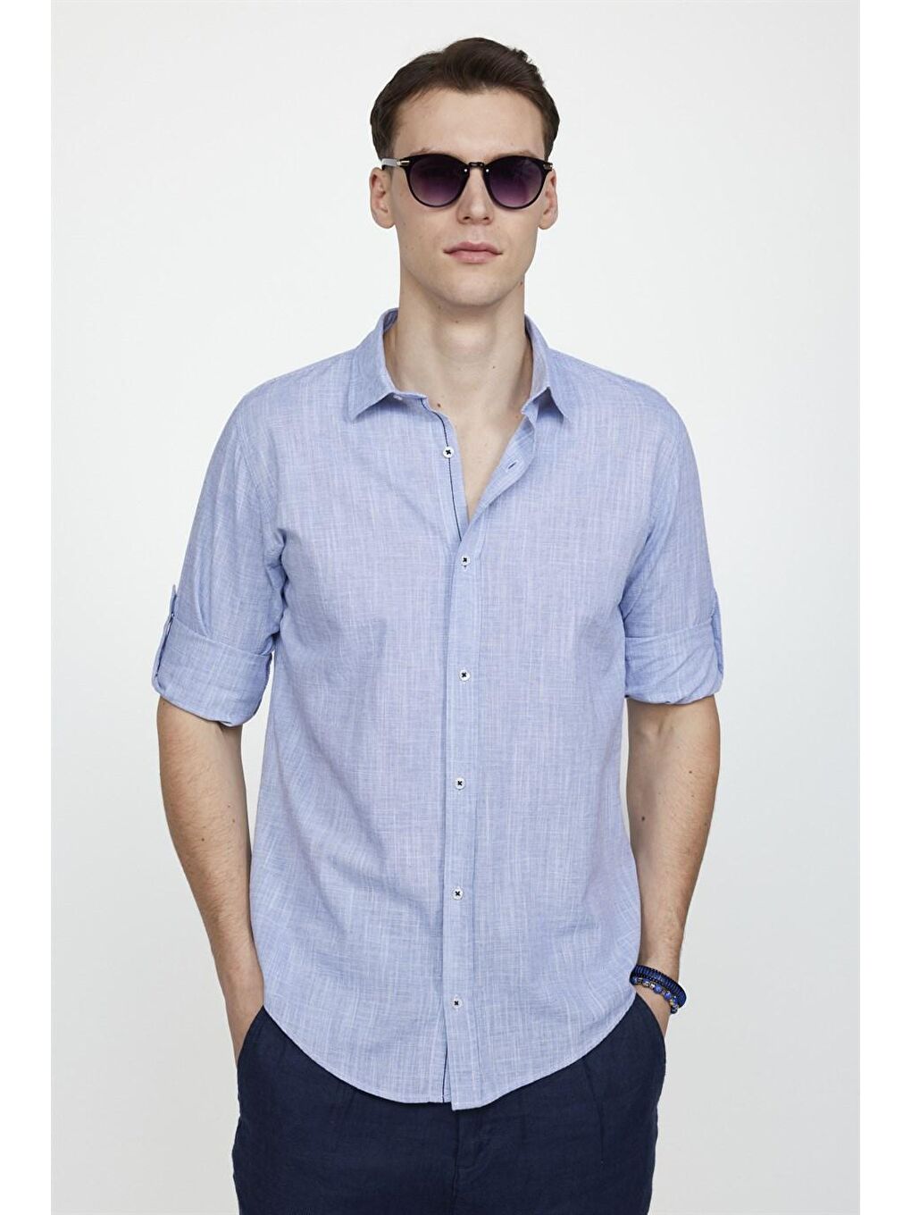 Slim Fit Uzun Kol Apoletli Keten Düz Erkek Mavi Gömlek-1