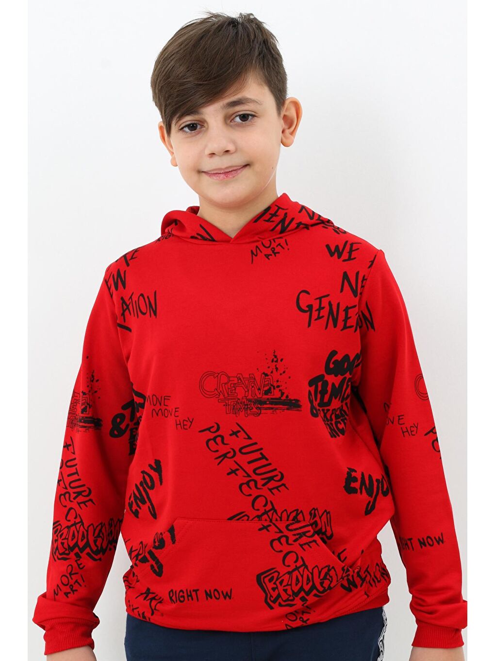 Kırmızı Erkek Çocuk Yazı Baskılı Kapüşonlu Sweatshirt 4-14Yaş 14020-1