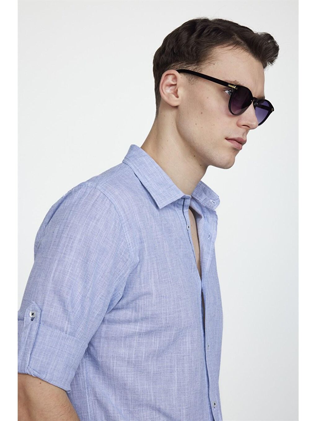 Slim Fit Uzun Kol Apoletli Keten Düz Erkek Mavi Gömlek-2