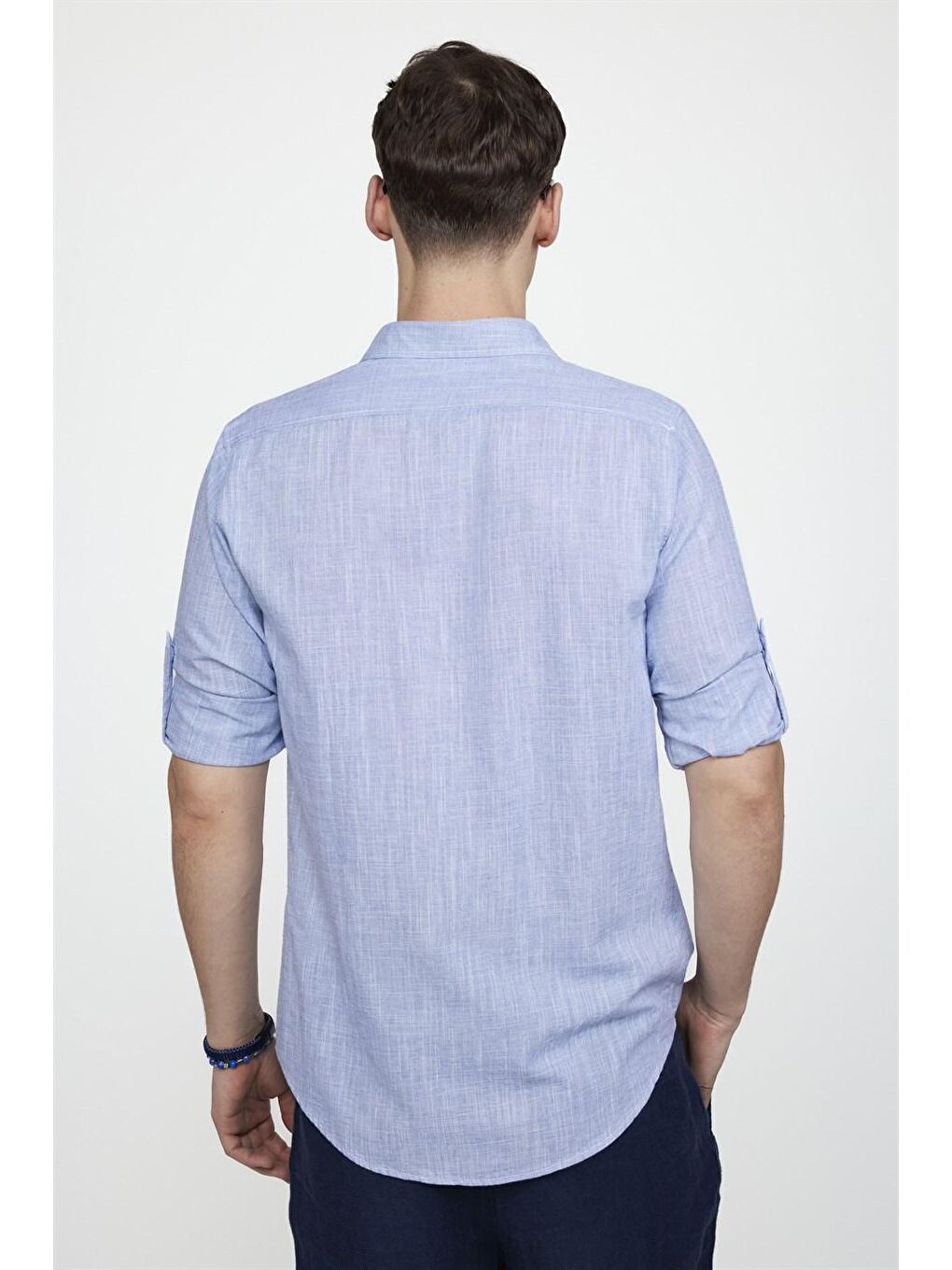 Slim Fit Uzun Kol Apoletli Keten Düz Erkek Mavi Gömlek-3