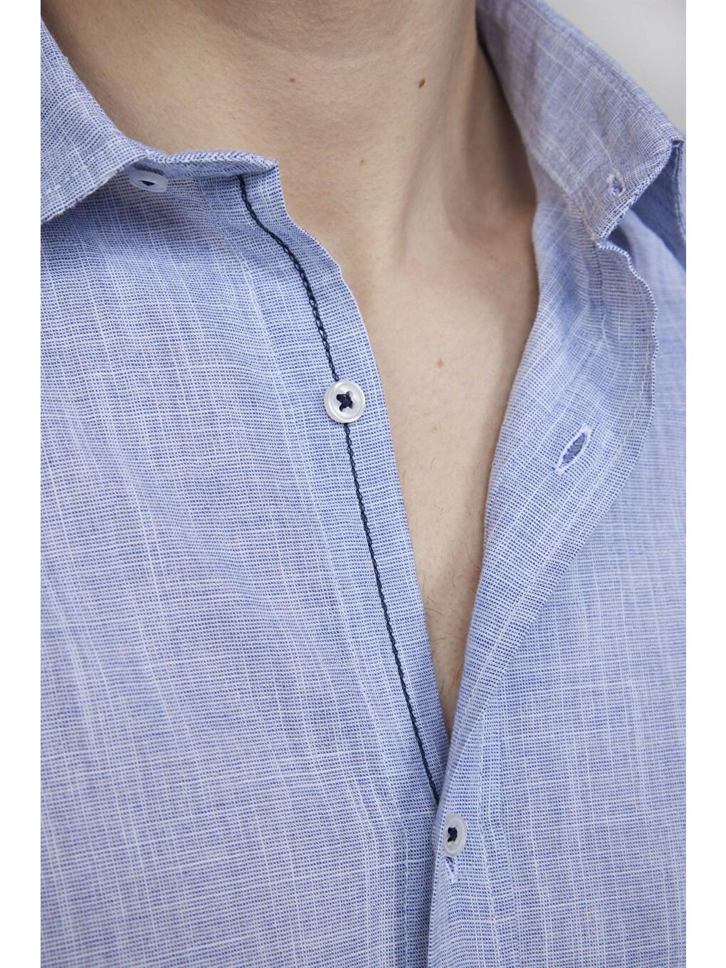 Slim Fit Uzun Kol Apoletli Keten Düz Erkek Mavi Gömlek-4