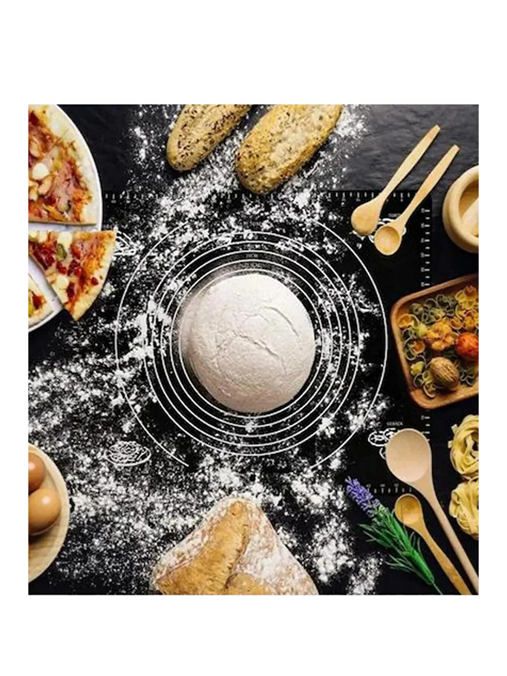 Kitchen Design Lab Siyah Silikon Ölçülü Çok Amaçlı Hamur Açma Matı 45x65 cm ve Ölçülü Çelik Hamur Kesme Spatulası - 3
