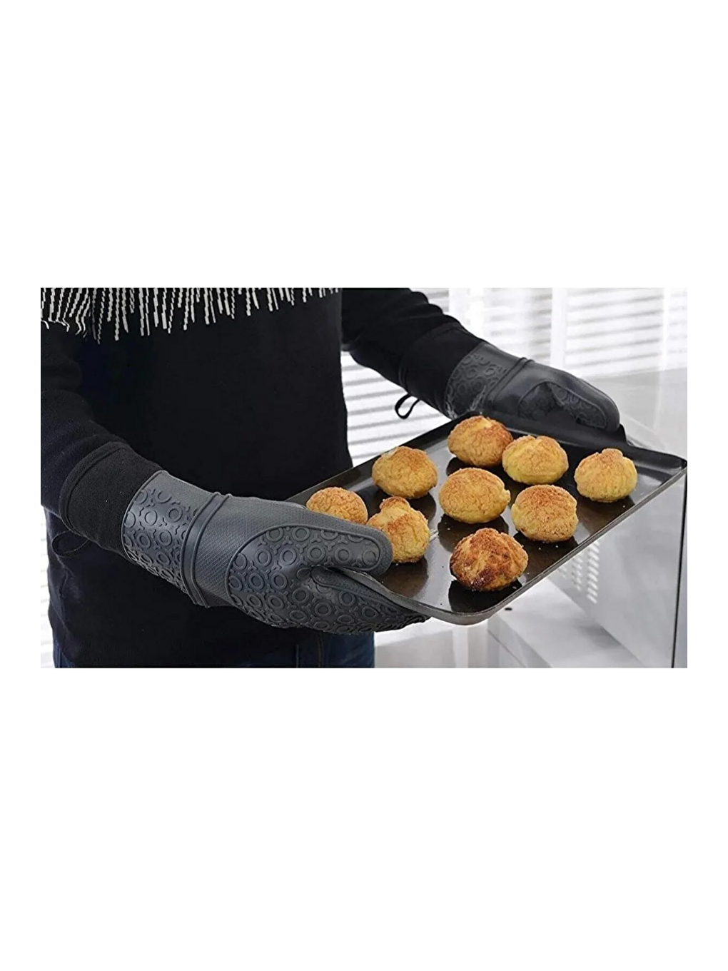 Orta Boy Delikli Pizza Tepsisi Lahmacun Pide Tepsisi 32 cm ve Gri Silikon Yanmaz Fırın Eldiveni-4