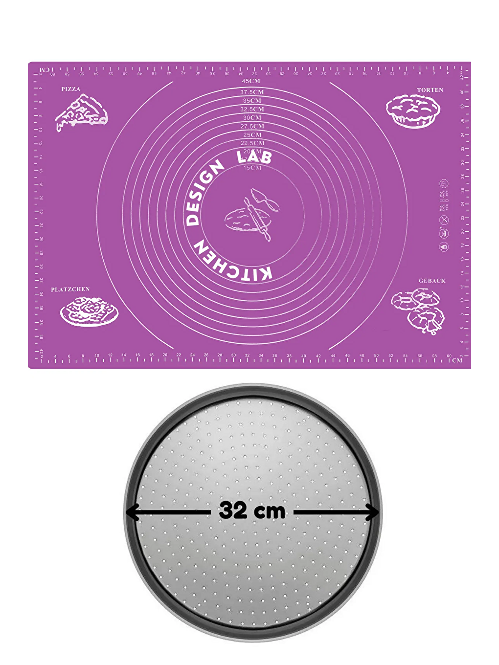 2'li Set Mor 45x65 cm Silikon Hamur Açma Matı ve Pizza Tepsisi 32 cm