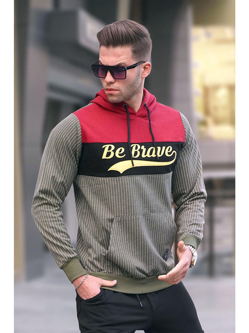 Madmext Haki kapüşonlu Çizgili Sweatshirt Haki 2815