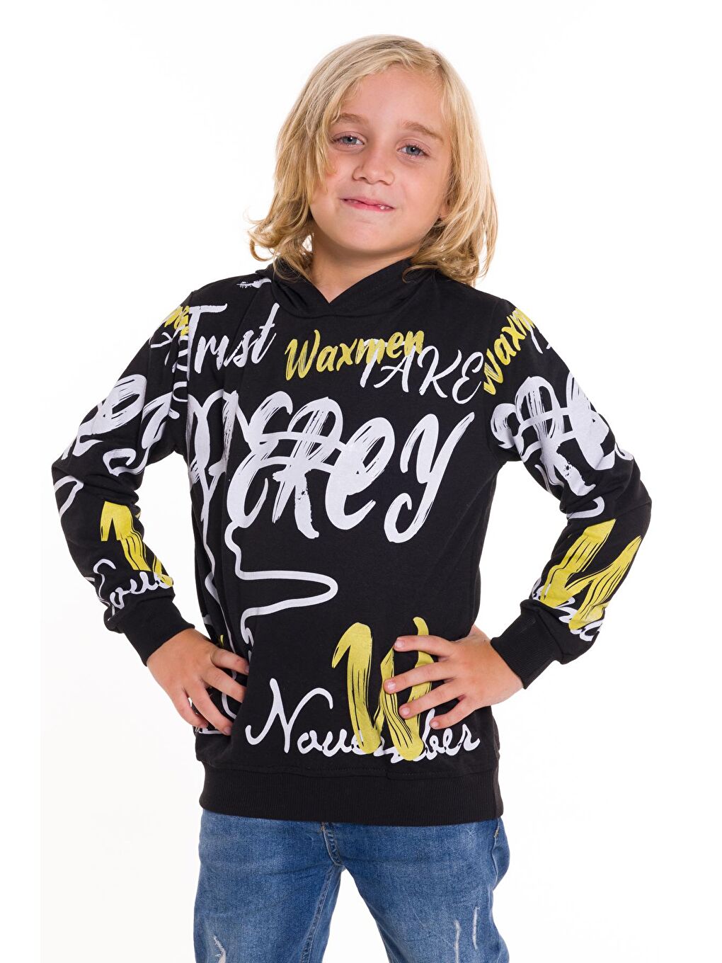 Siyah Erkek Çocuk Kapüşonlu Yazı Baskılı Sweatshirt 14028