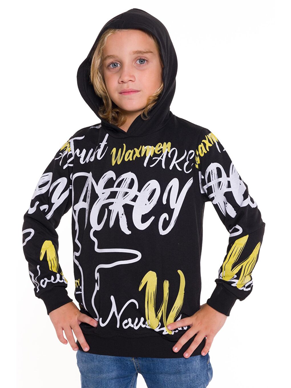 Siyah Erkek Çocuk Kapüşonlu Yazı Baskılı Sweatshirt 14028-1