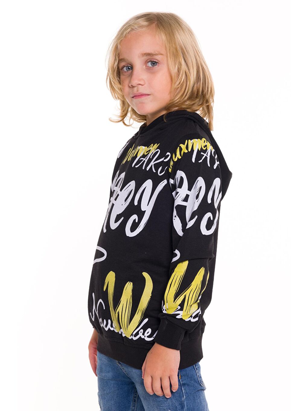 Siyah Erkek Çocuk Kapüşonlu Yazı Baskılı Sweatshirt 14028-2