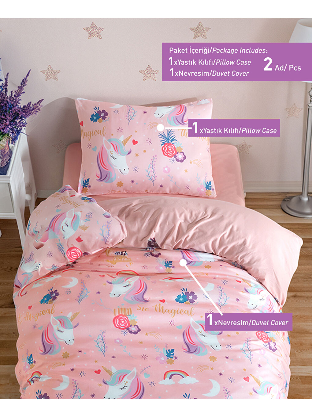 Çocuklar İçin Tek Kişilik Nevresim Seti  Canlı Açık Pembe-1