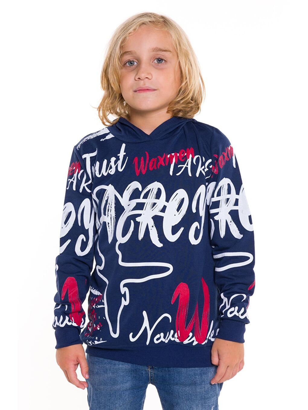 Lacivert Erkek Çocuk Kapüşonlu Yazı Baskılı Sweatshirt 14028