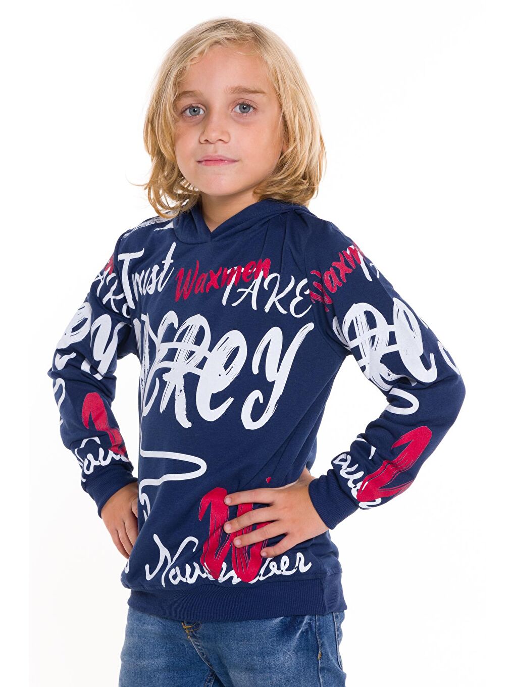 Lacivert Erkek Çocuk Kapüşonlu Yazı Baskılı Sweatshirt 14028-1