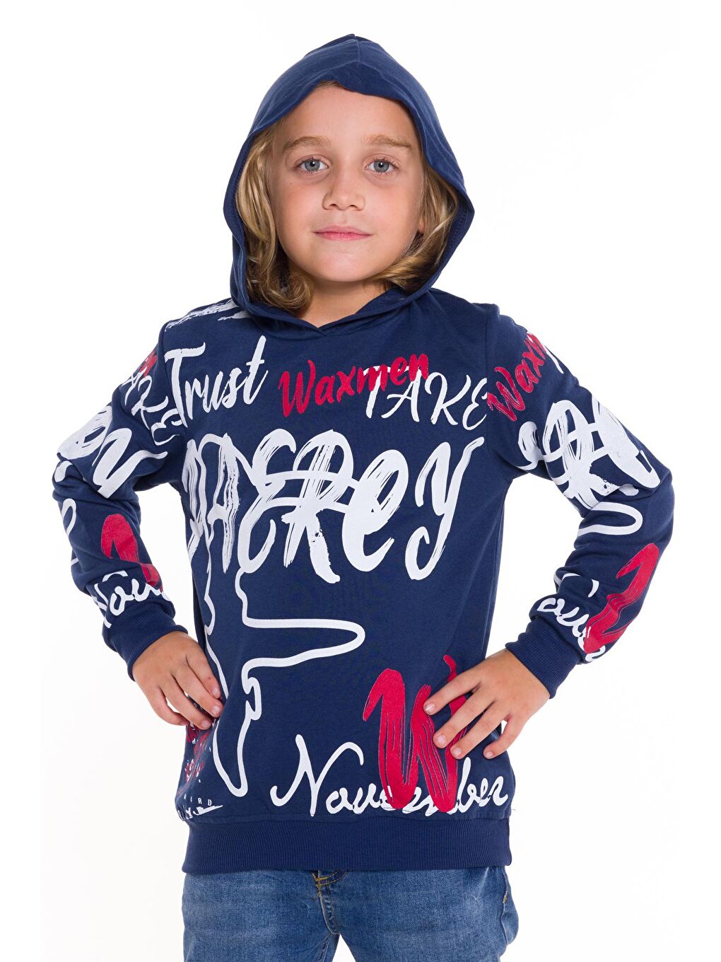 Lacivert Erkek Çocuk Kapüşonlu Yazı Baskılı Sweatshirt 14028-2