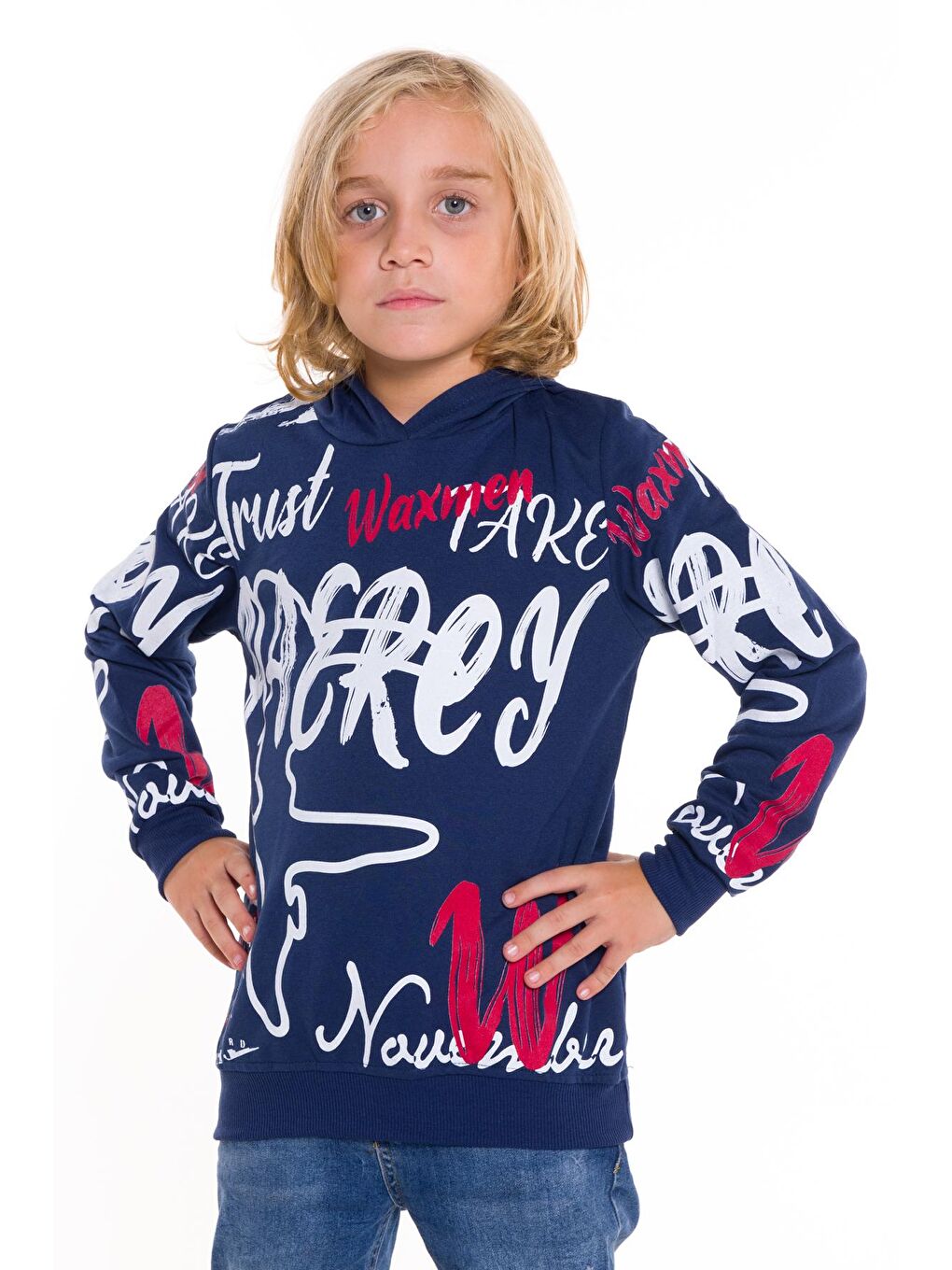 Lacivert Erkek Çocuk Kapüşonlu Yazı Baskılı Sweatshirt 14028-3