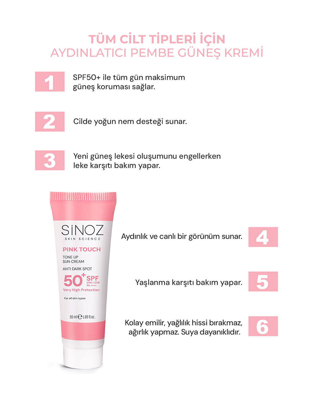 Pink Touch Spf50+ Cilt Aydınlatıcı Pembe Yüz Güneş Kremi 50ml-tüm Ciltler Için-PA++++-1