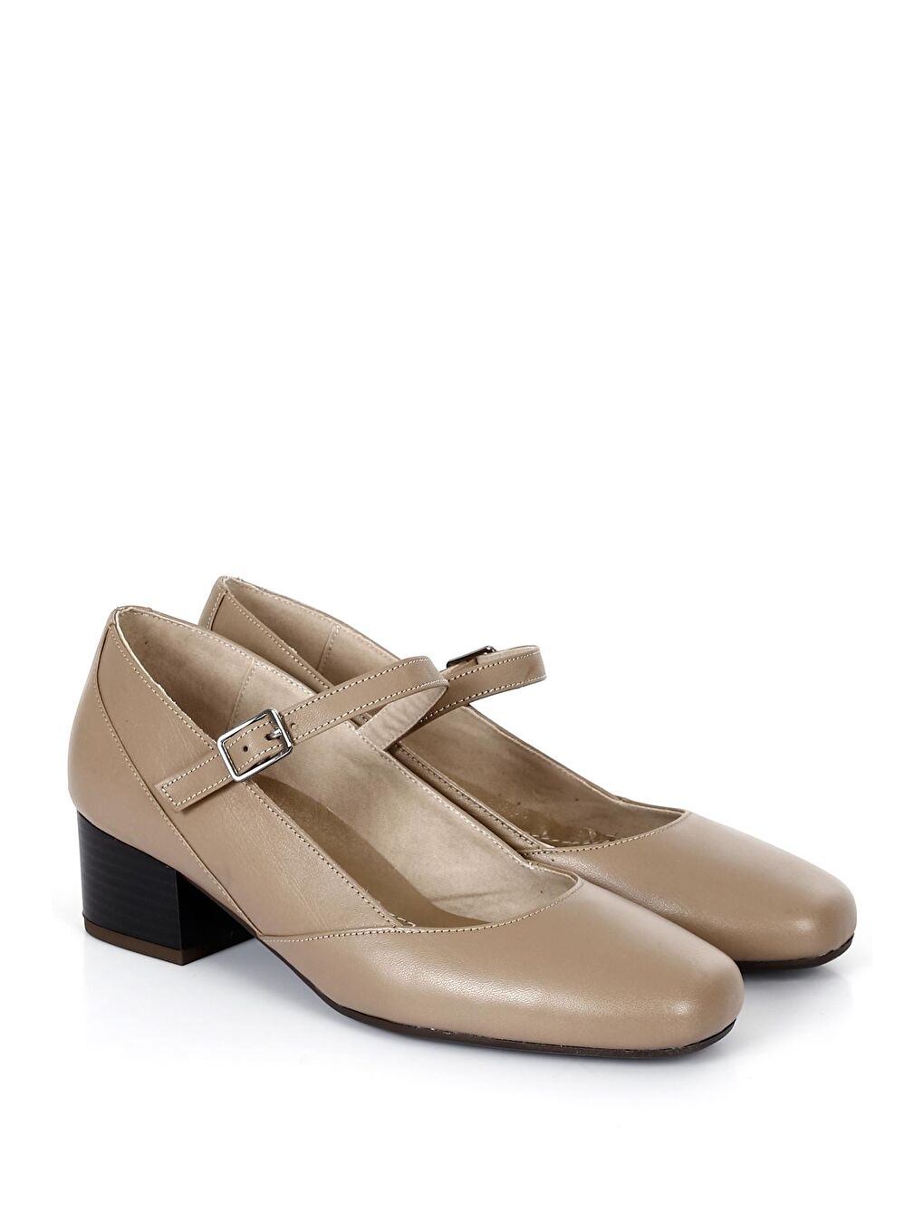 Bej VİZON  Hakiki Deri Küt Burun Kısa Kalın Topuklu Kadın Ayakkabı 24220-1
