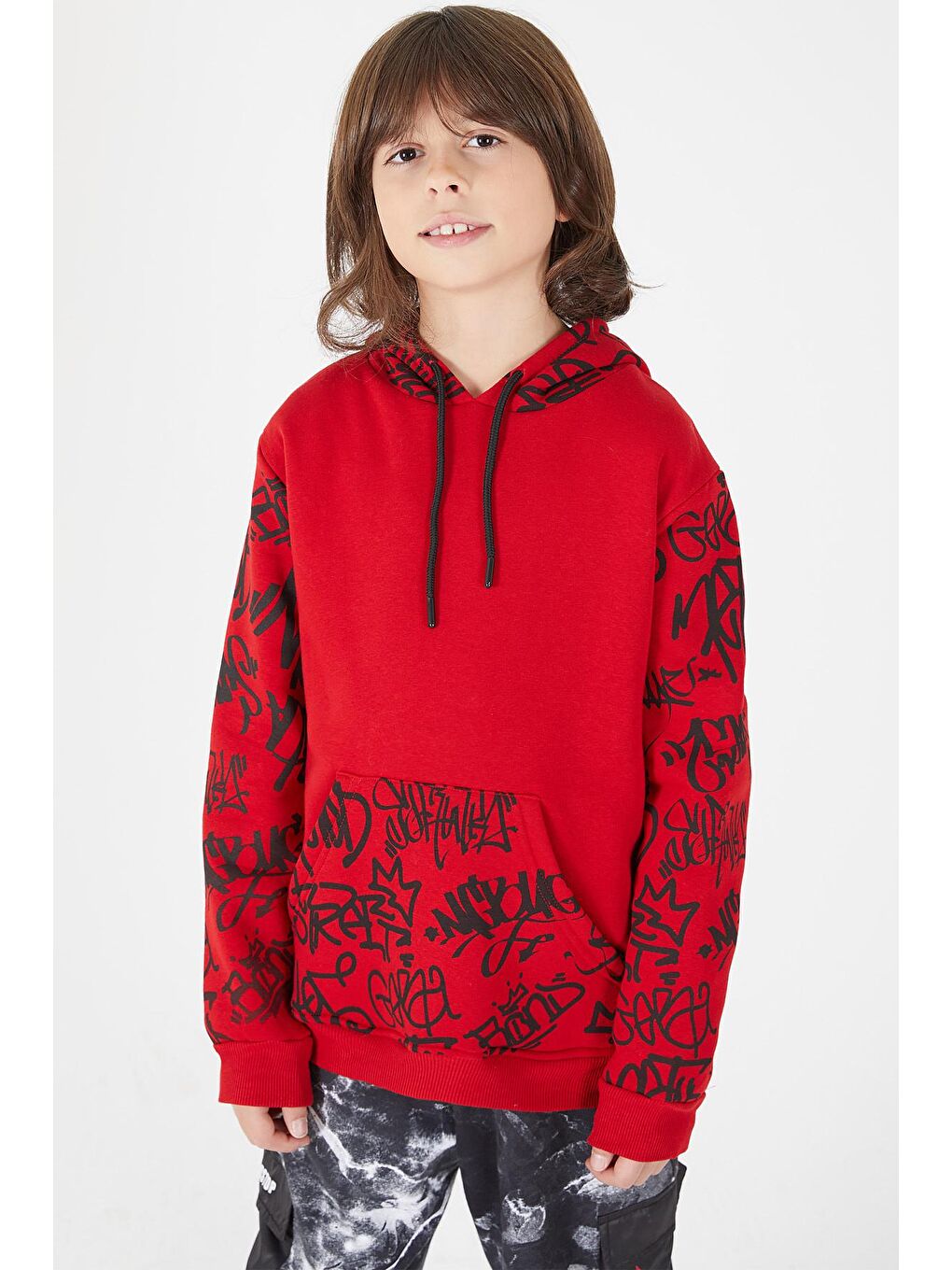 Kırmızı Erkek Çocuk Kolları Yazılı Polarlı Kapüşonlu Sweatshirt 14617