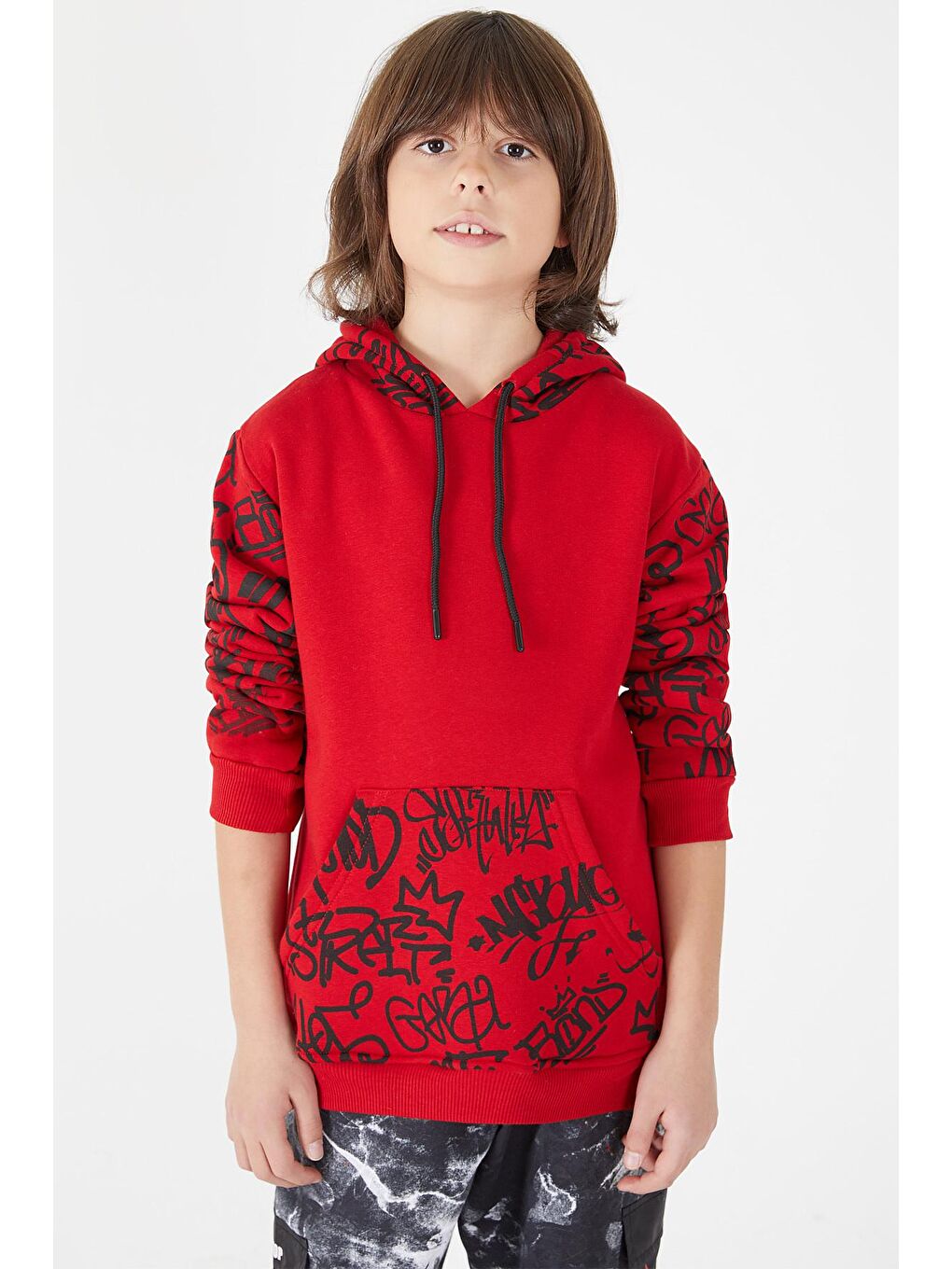 Kırmızı Erkek Çocuk Kolları Yazılı Polarlı Kapüşonlu Sweatshirt 14617-1