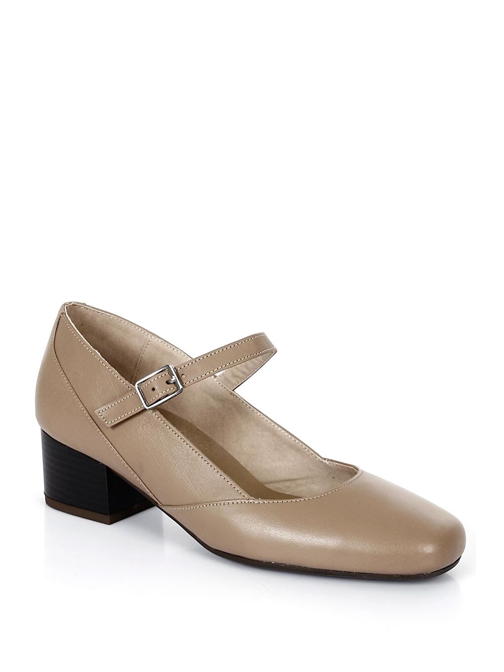 Bej VİZON  Hakiki Deri Küt Burun Kısa Kalın Topuklu Kadın Ayakkabı 24220-4