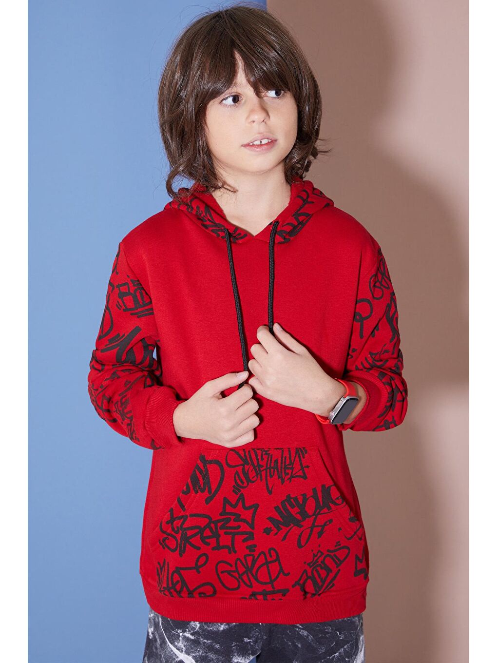 Kırmızı Erkek Çocuk Kolları Yazılı Polarlı Kapüşonlu Sweatshirt 14617-2
