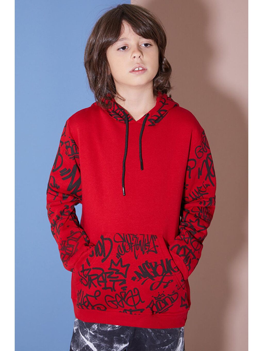 Kırmızı Erkek Çocuk Kolları Yazılı Polarlı Kapüşonlu Sweatshirt 14617-3