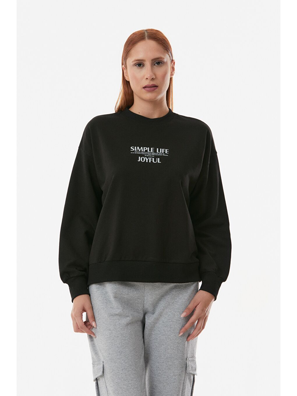 Siyah Yazılı Bisiklet Yaka Oversize Sweatshirt-2