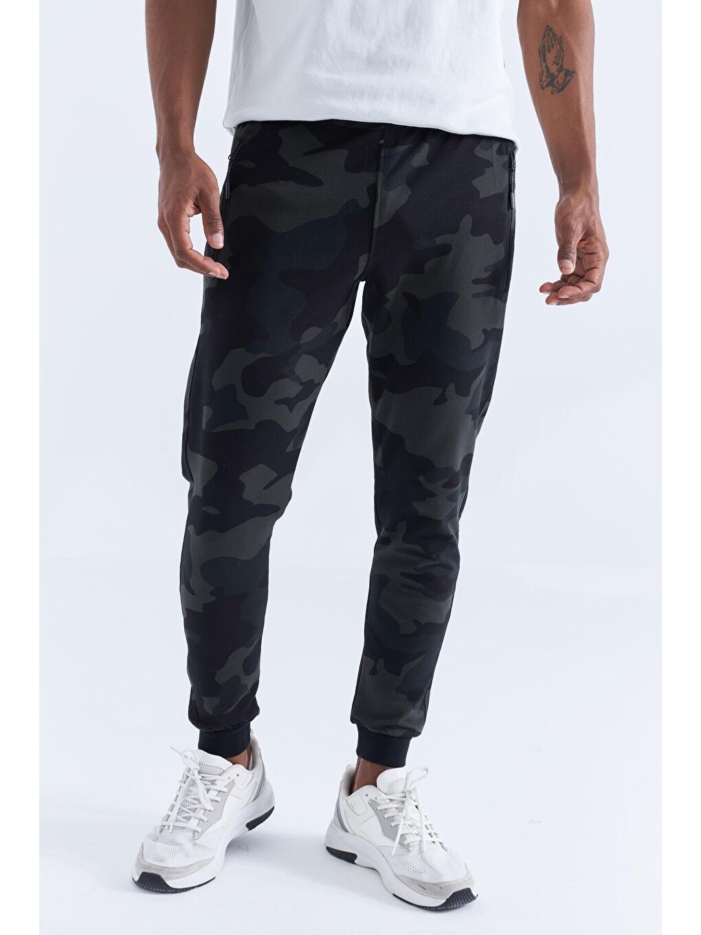Siyah Gölge Kamuflaj Desenli Dar Kalıp  Jogger Erkek Eşofman Alt - 84754-3