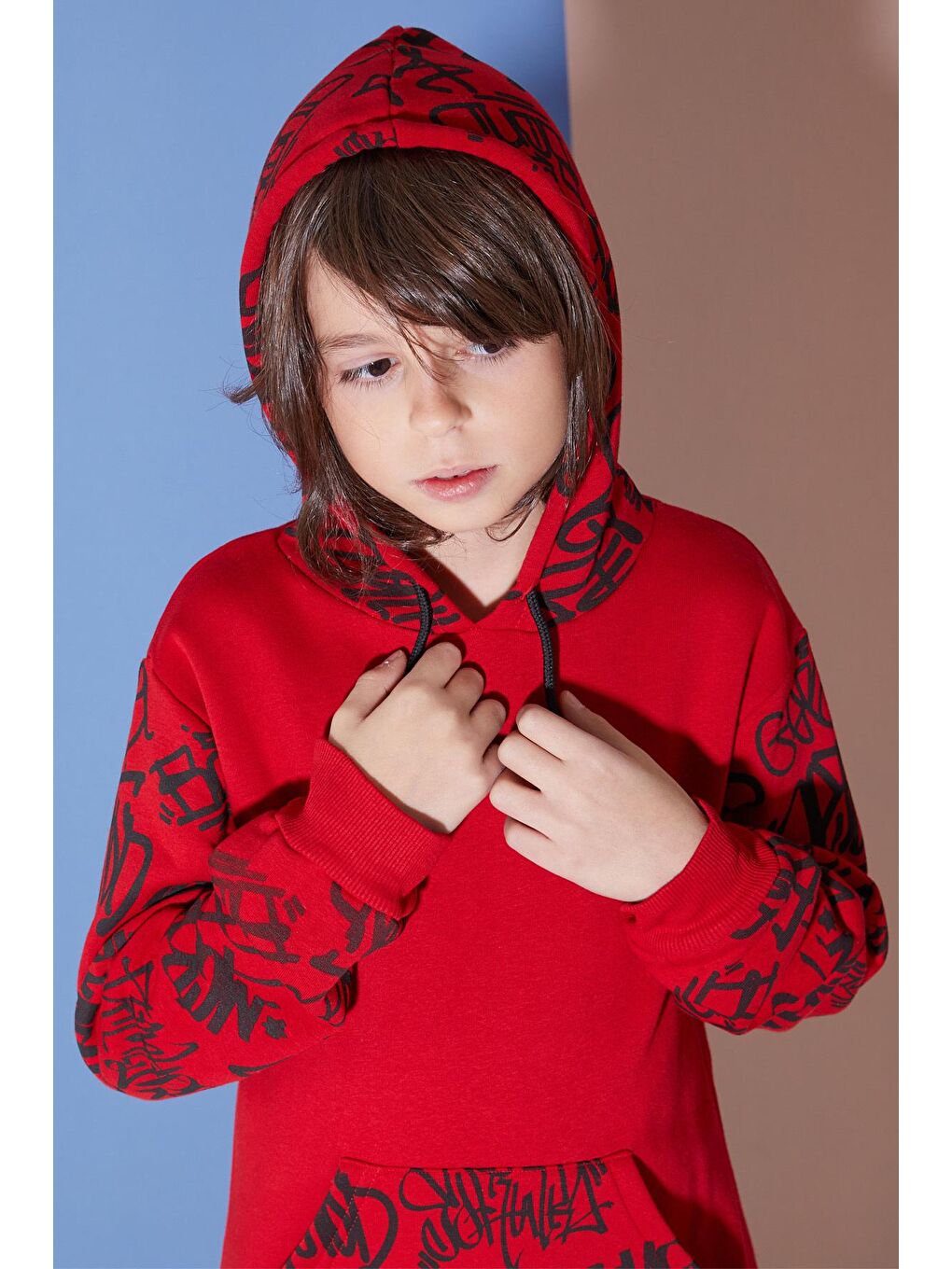 Kırmızı Erkek Çocuk Kolları Yazılı Polarlı Kapüşonlu Sweatshirt 14617-4