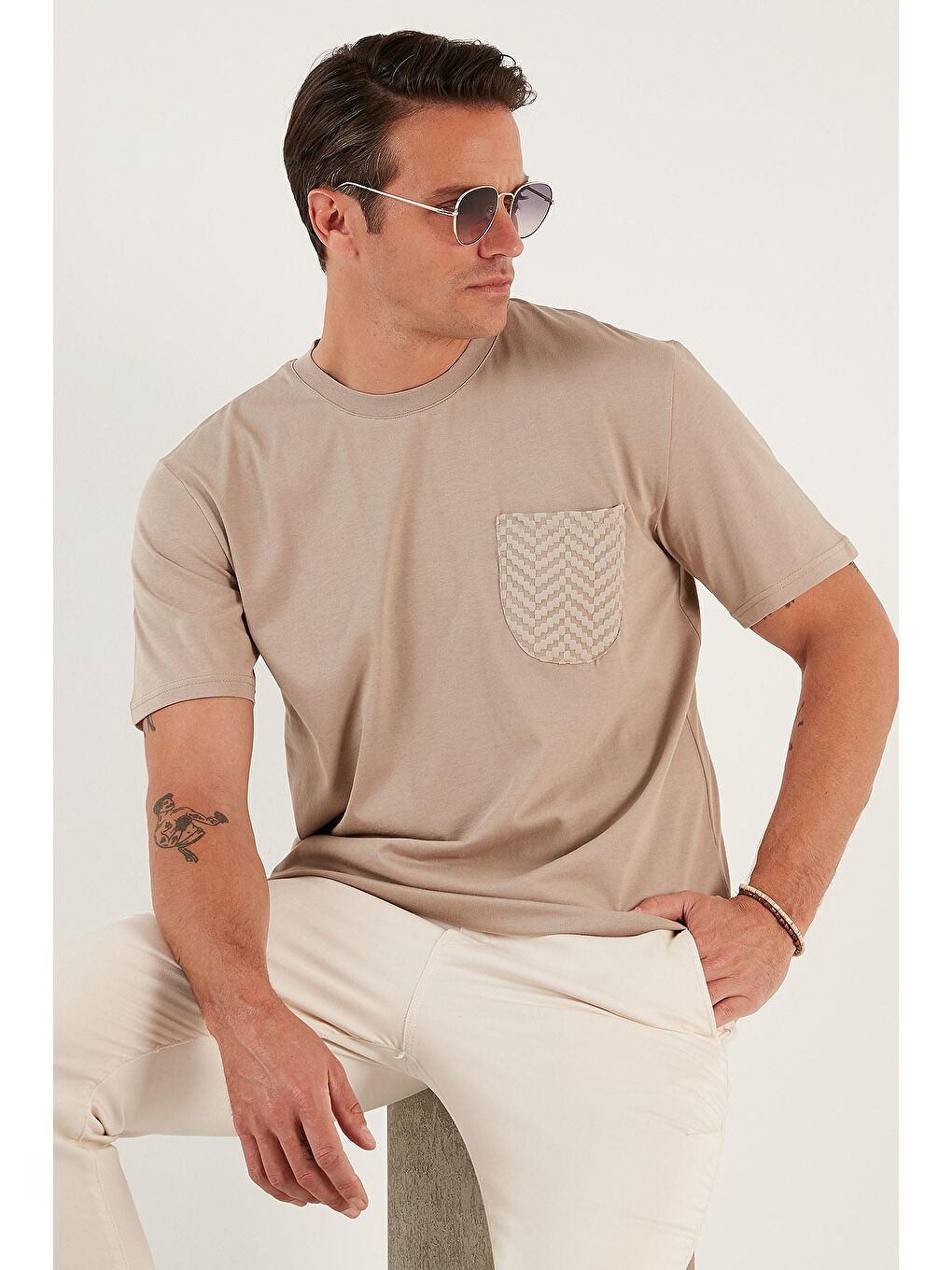 Kahverengi % 100 Pamuk Relaxed Fit Tek Cepli Bisiklet Yaka Tişört 5902505