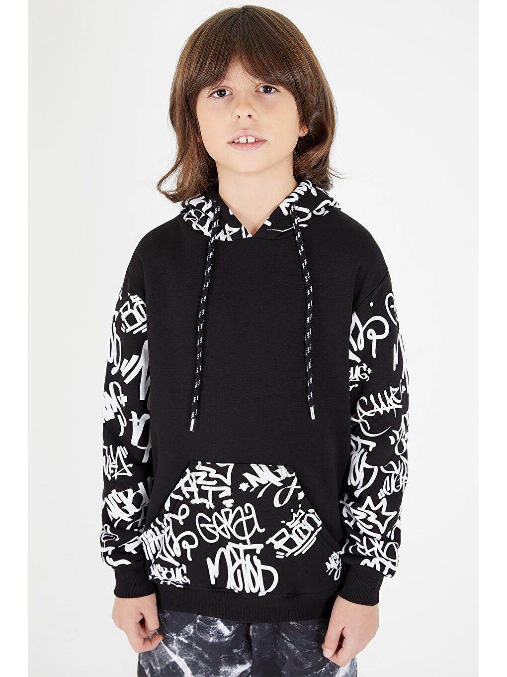Siyah Erkek Çocuk Kolları Yazılı Polarlı Kapüşonlu Sweatshirt 14617-1