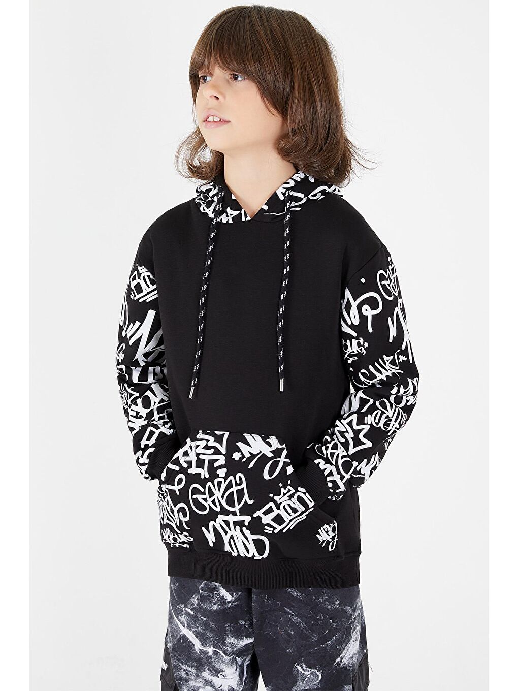 Siyah Erkek Çocuk Kolları Yazılı Polarlı Kapüşonlu Sweatshirt 14617-2