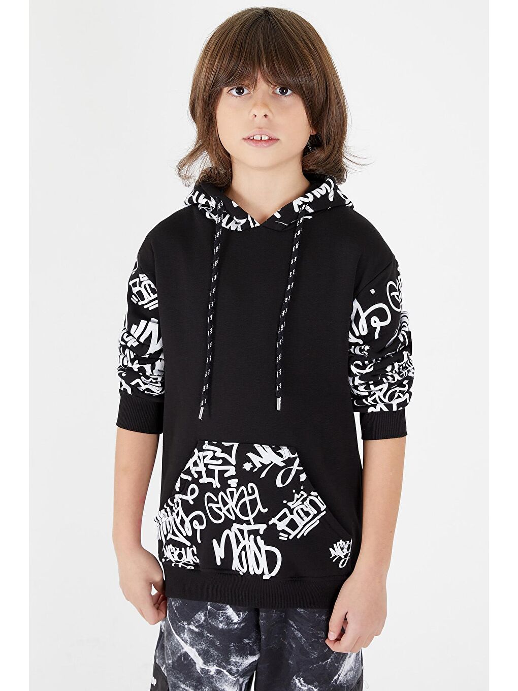 Siyah Erkek Çocuk Kolları Yazılı Polarlı Kapüşonlu Sweatshirt 14617-3