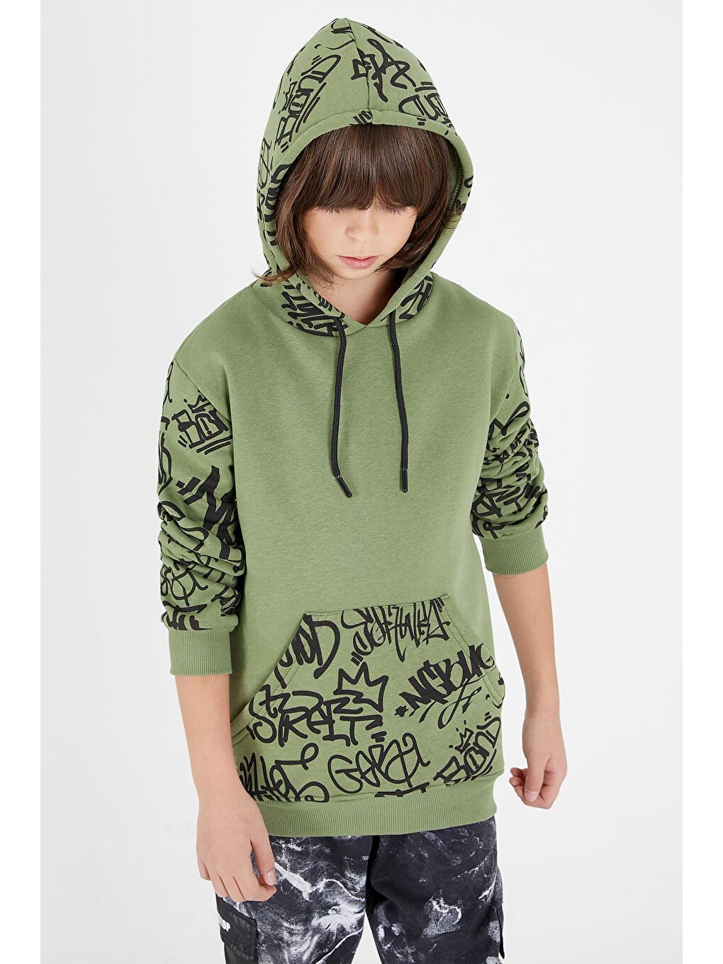Yeşil Erkek Çocuk Kolları Yazılı Polarlı Kapüşonlu Sweatshirt 14617