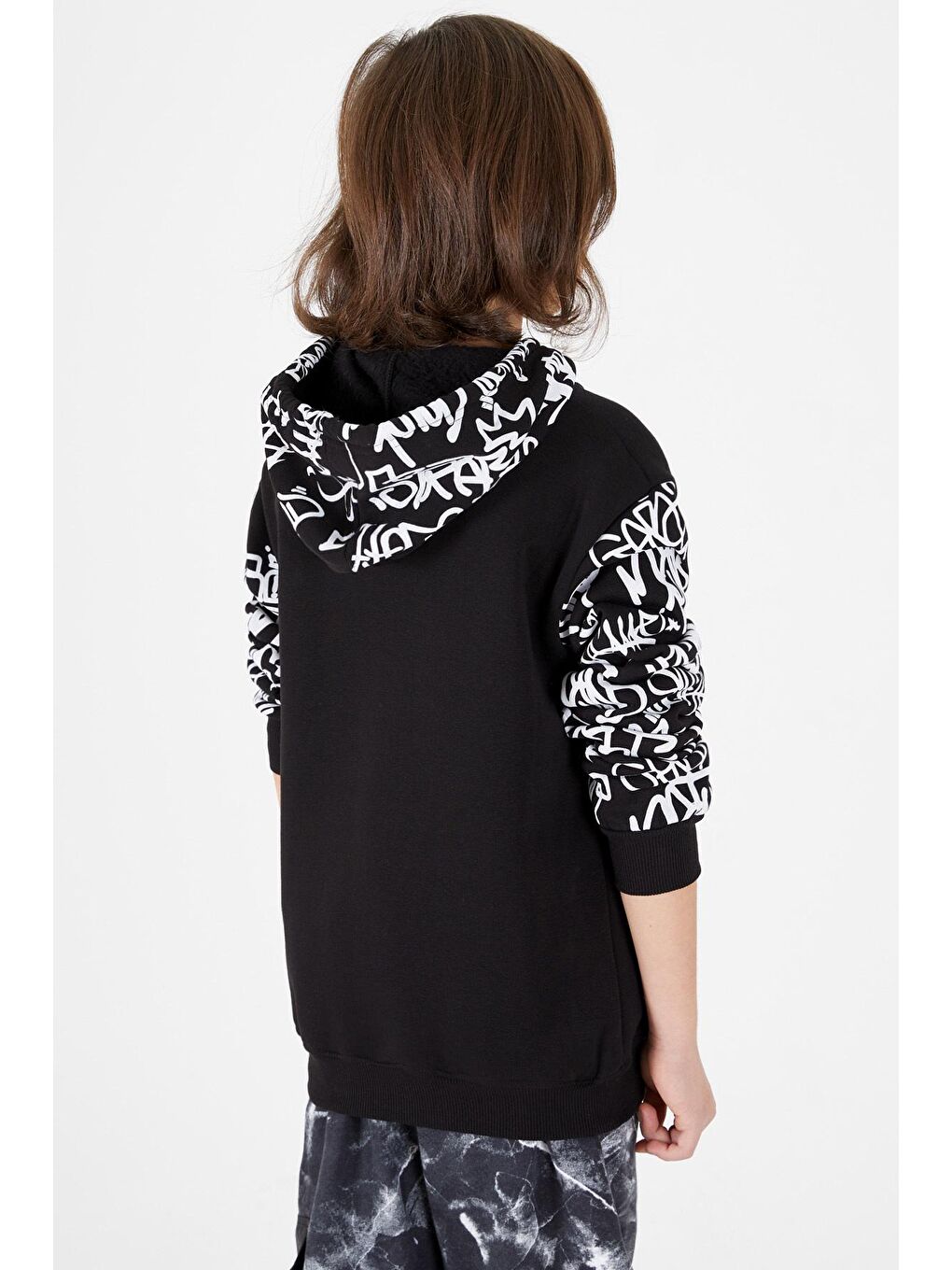 Siyah Erkek Çocuk Kolları Yazılı Polarlı Kapüşonlu Sweatshirt 14617-4