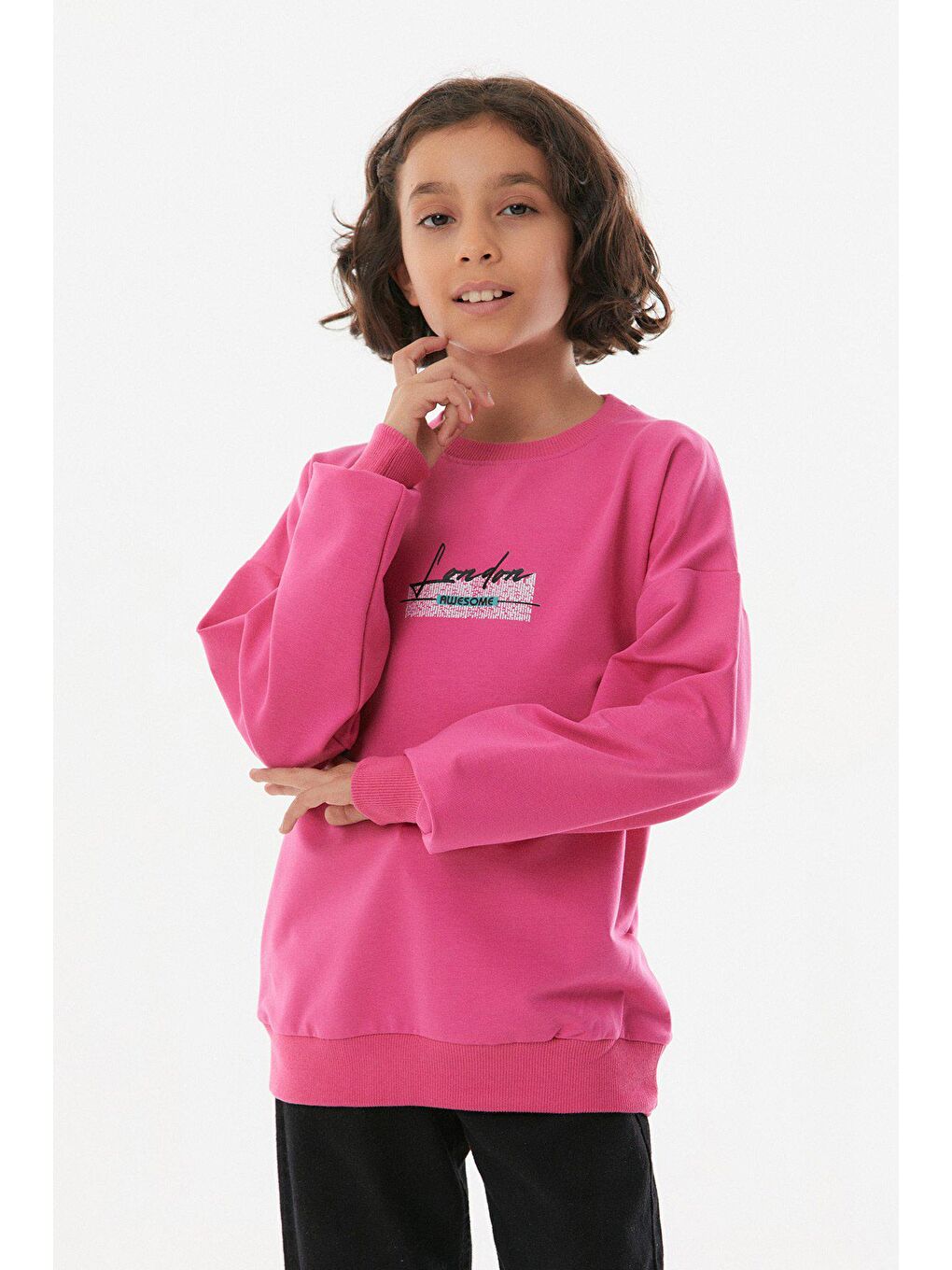 Fuşya Awesome Yazı  Baskılı  Kız Çocuk Sweatshirt