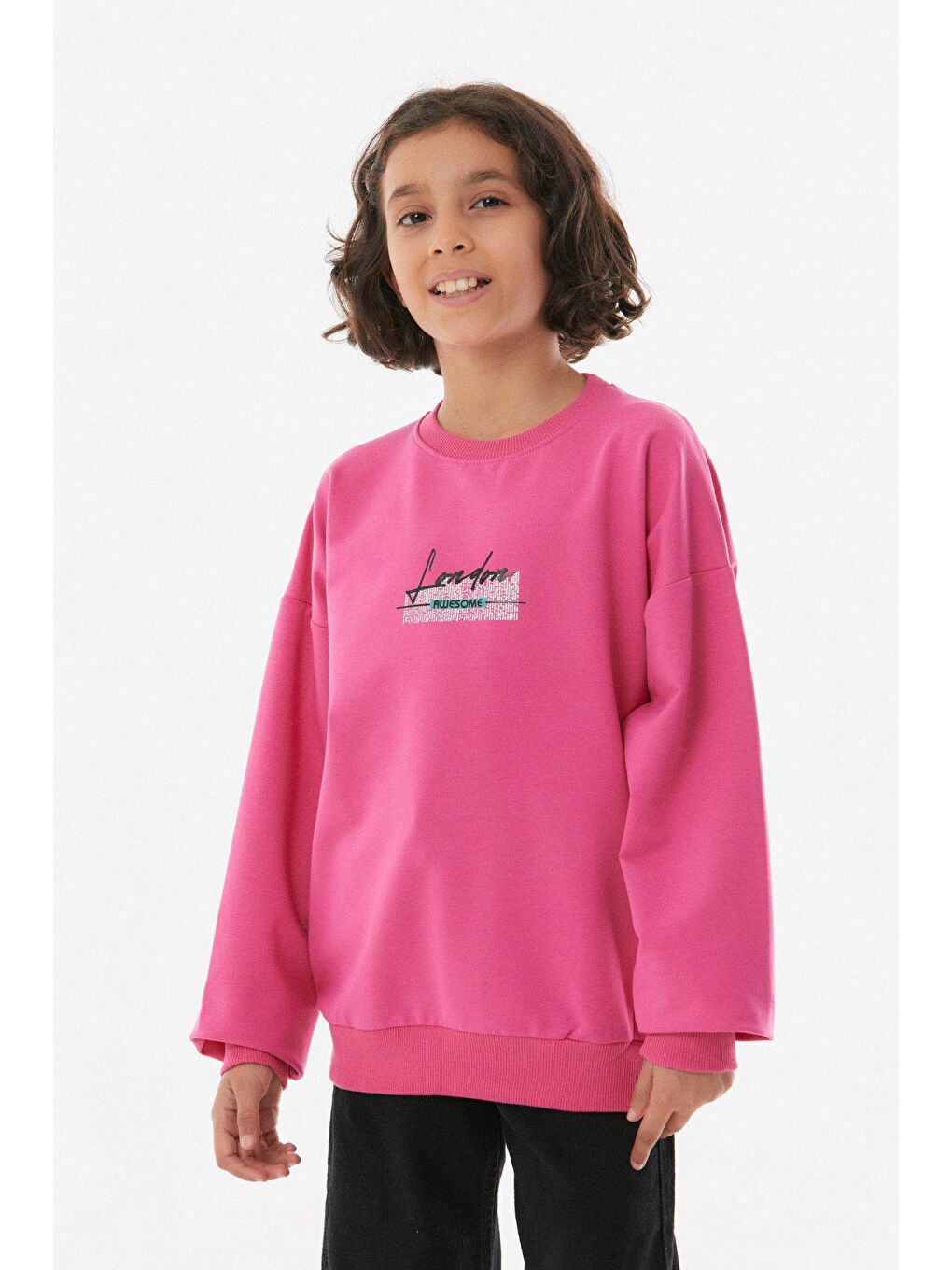 Fuşya Awesome Yazı  Baskılı  Kız Çocuk Sweatshirt-2