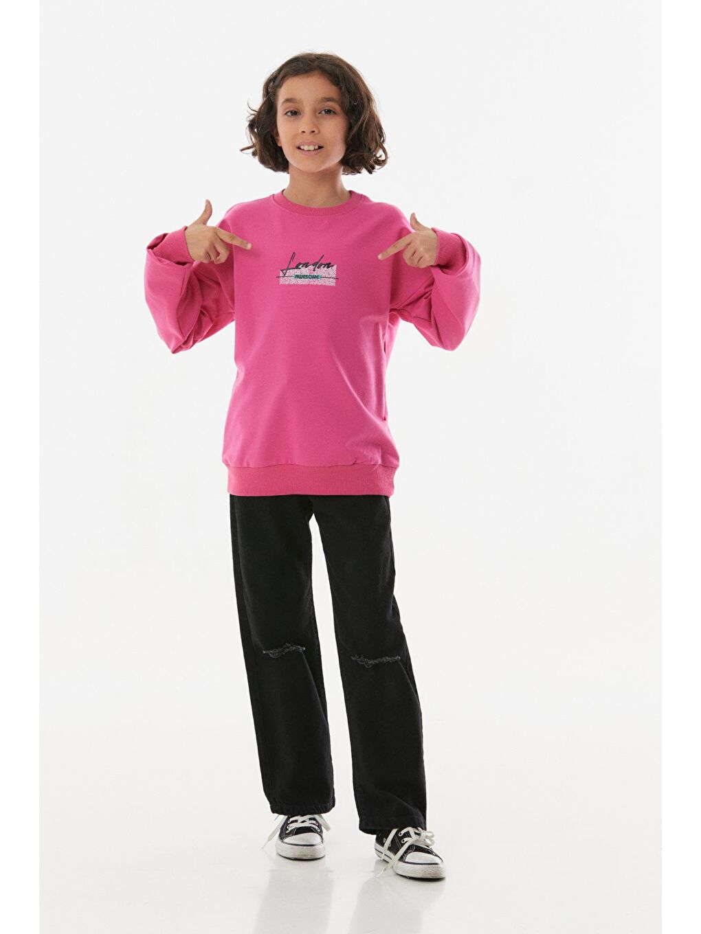 Fuşya Awesome Yazı  Baskılı  Kız Çocuk Sweatshirt-3