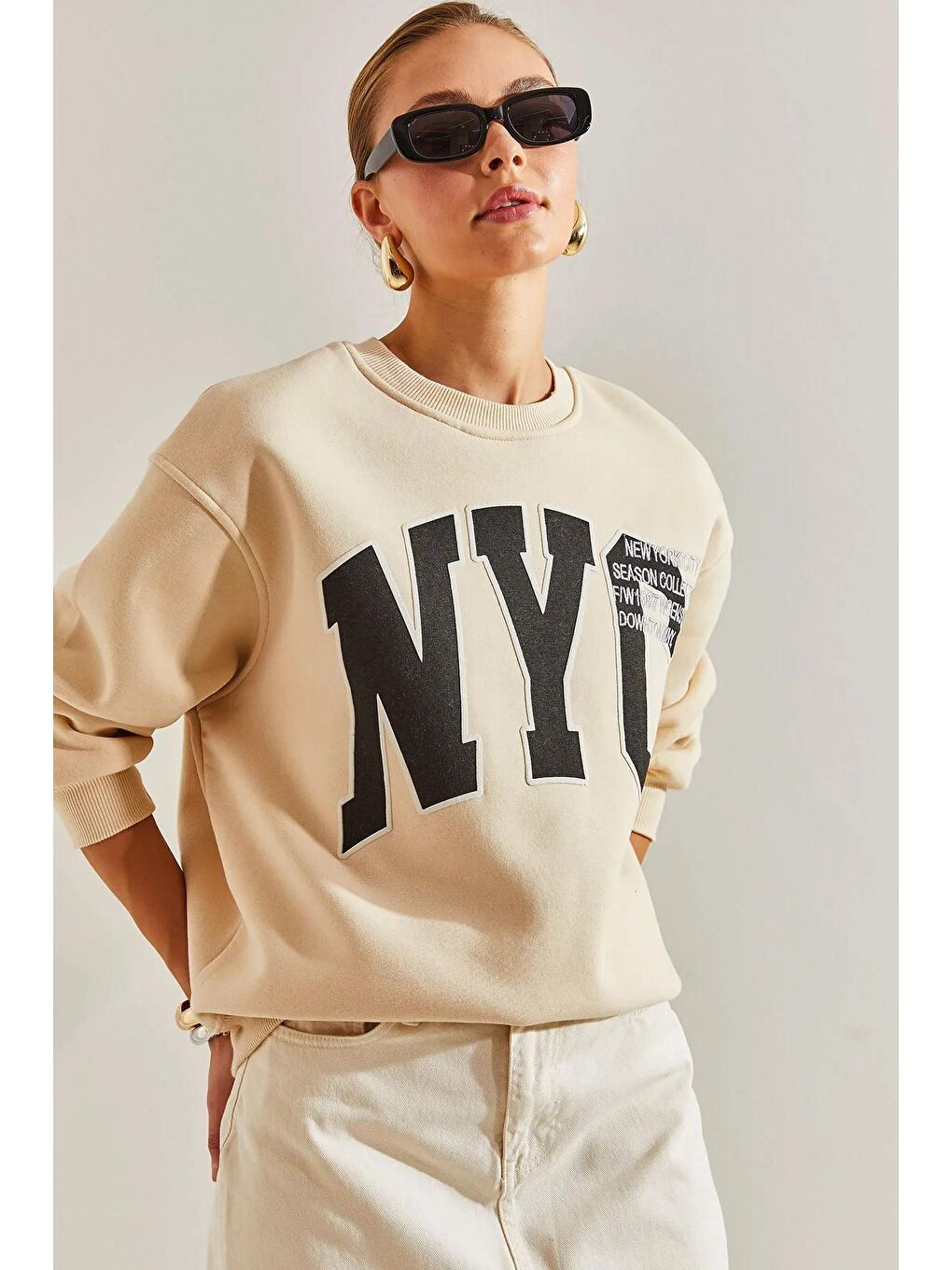 SHADE Bej Kadın Üç İplik Şardonlu Baskılı Oversize Sweatshirt - 2