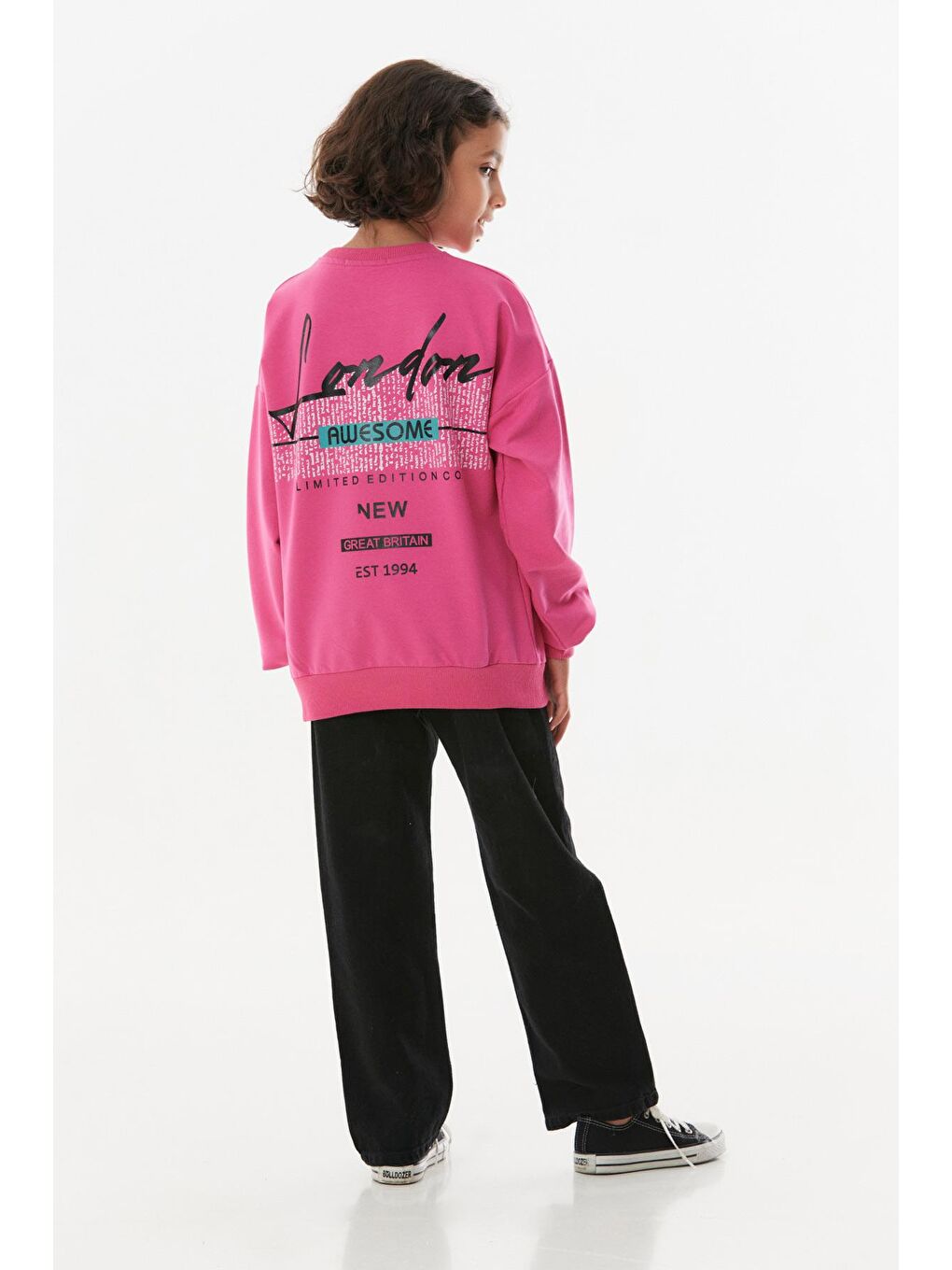 Fuşya Awesome Yazı  Baskılı  Kız Çocuk Sweatshirt-4
