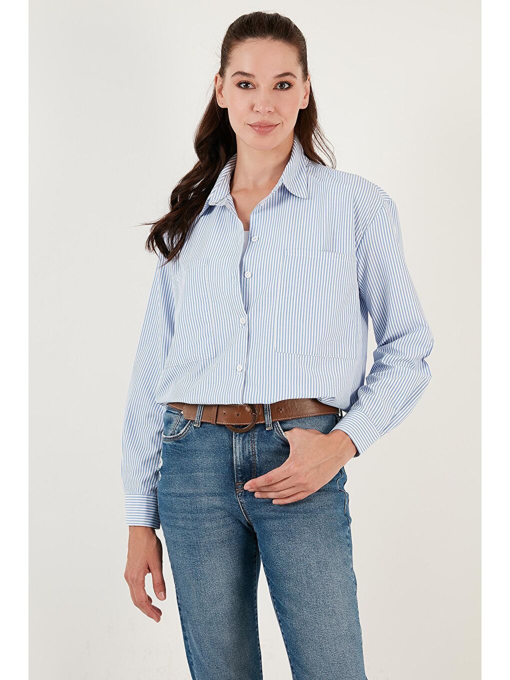 Mavi Çizgili Pamuk Karışımlı Çift Cepli Oversize Dokuma Gömlek 6110359-3