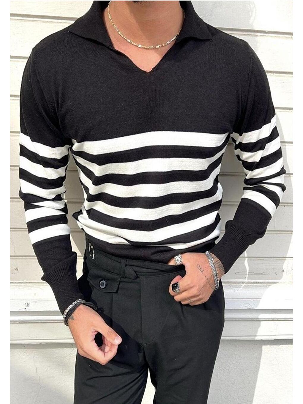 Siyah Erkek Çizgili Polo Yaka Triko Kazak-1