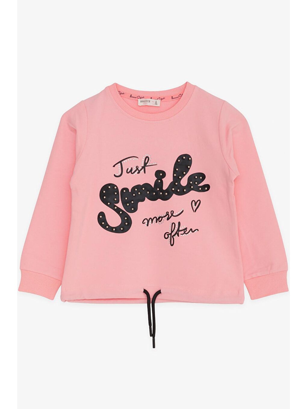 Pembe Kız Çocuk Sweatshirt İncili Taşlı Beli Bağcıklı Pudra (6-10 Yaş)