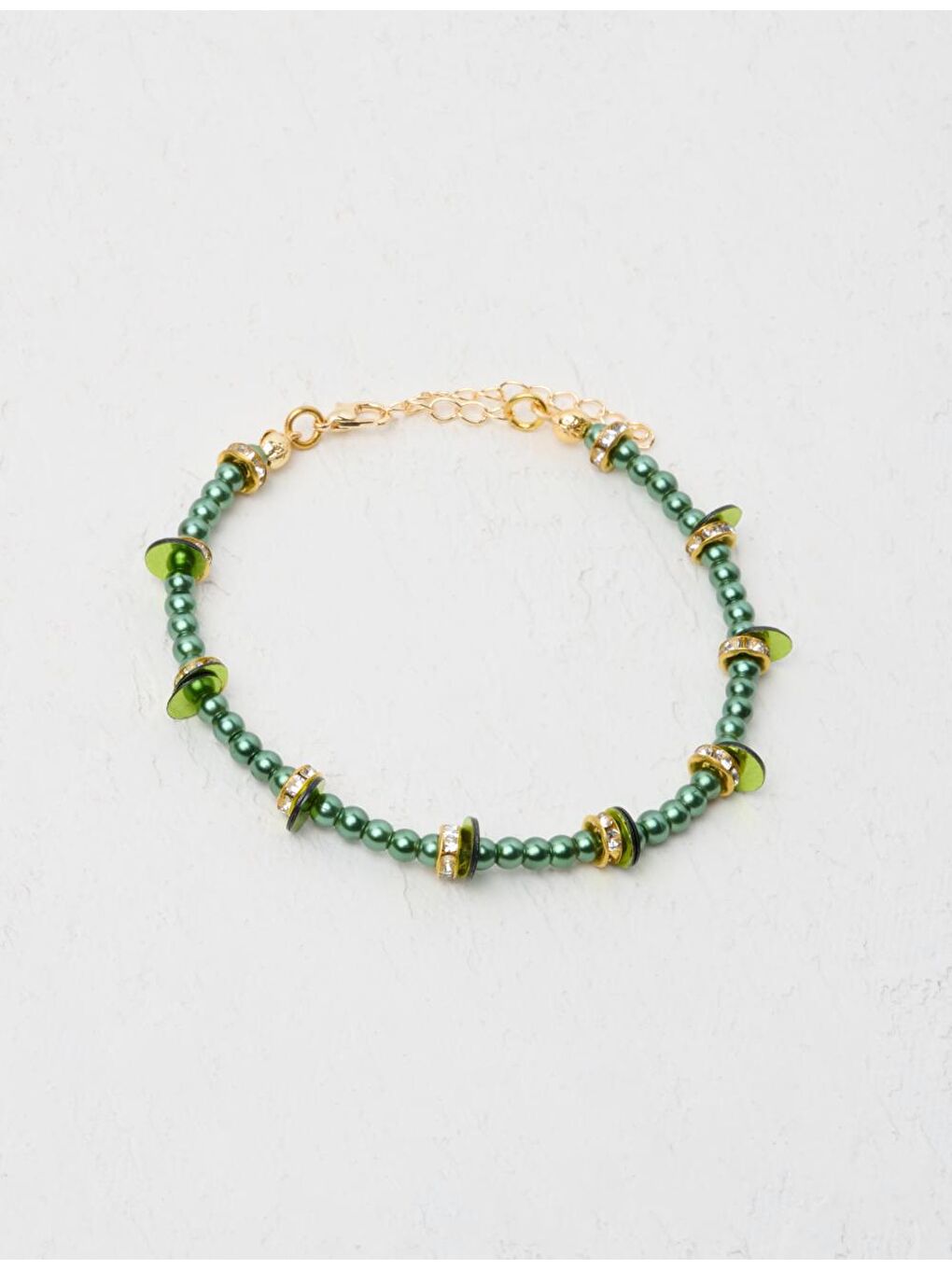 Koyu Yeşil Parlak Taş Detaylı Boncuklu Ayarlanabilir Bileklik