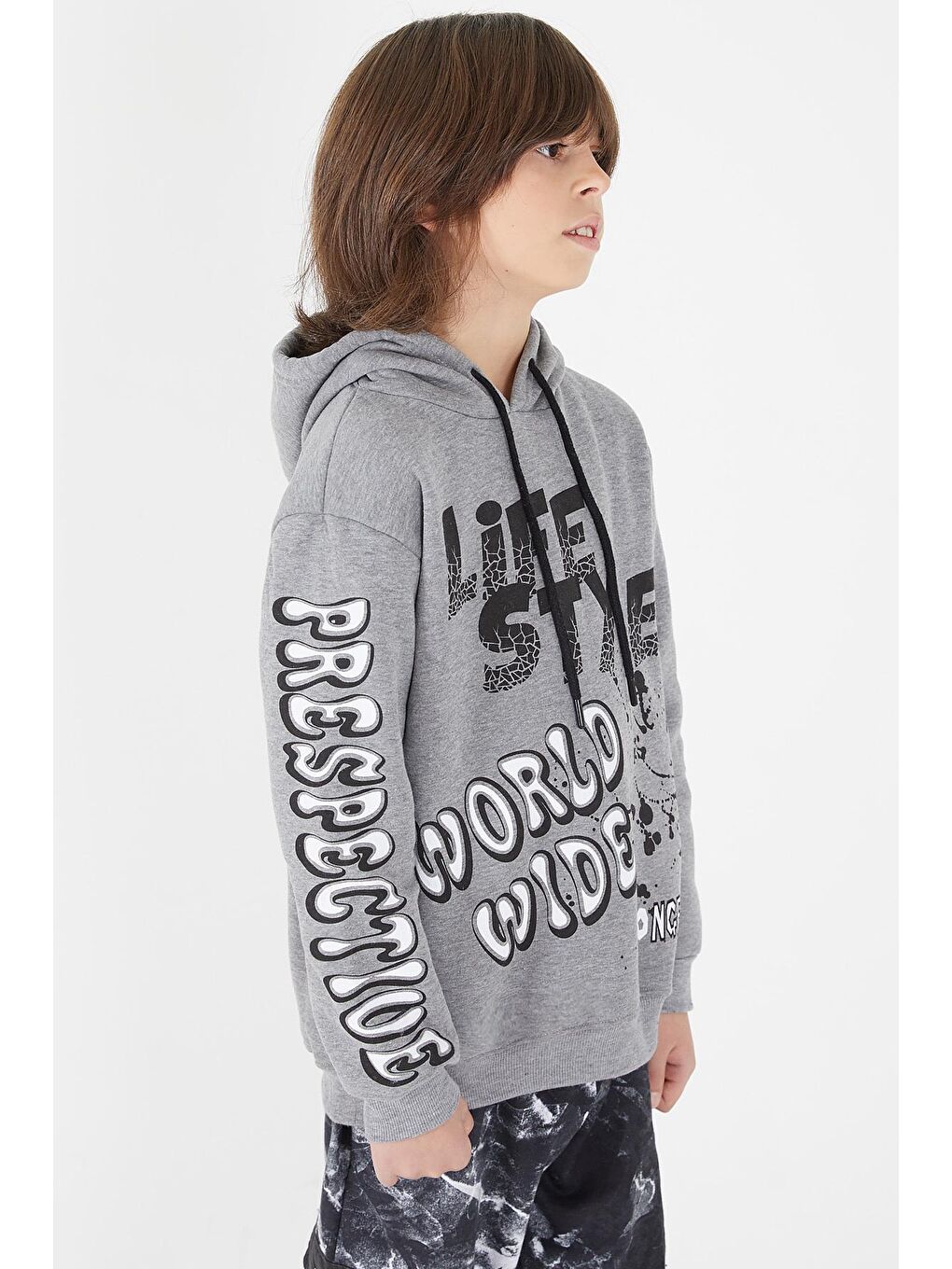 Gri Erkek Çocuk Yazı Baskılı Kapüşonlu Sweatshirt 9-14 Yaş 14147-1