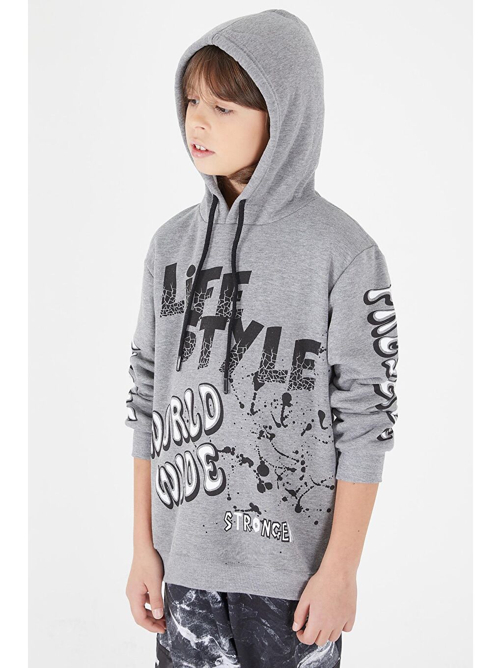Gri Erkek Çocuk Yazı Baskılı Kapüşonlu Sweatshirt 9-14 Yaş 14147-2