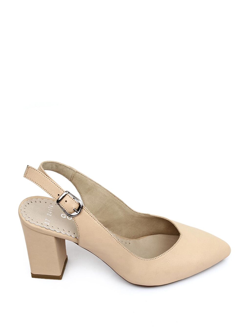 Bej TEN  Hakiki Deri Sivri Burun Yüksek Kalın Topuklu Arkası Açık Kadın Yazlık Ayakkabı 24174-1