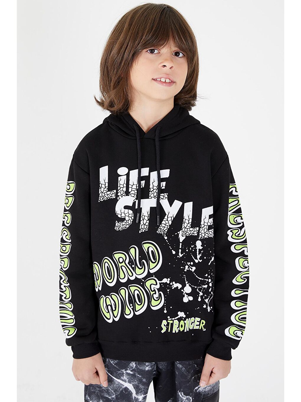 Siyah Erkek Çocuk Yazı Baskılı Kapüşonlu Sweatshirt 9-14 Yaş 14147